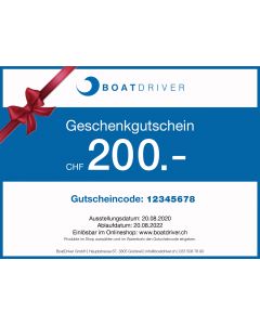 BoatDriver Geschenkgutschein CHF 200.- (wird innert 1 Arbeitstag per E-Mail versendet)